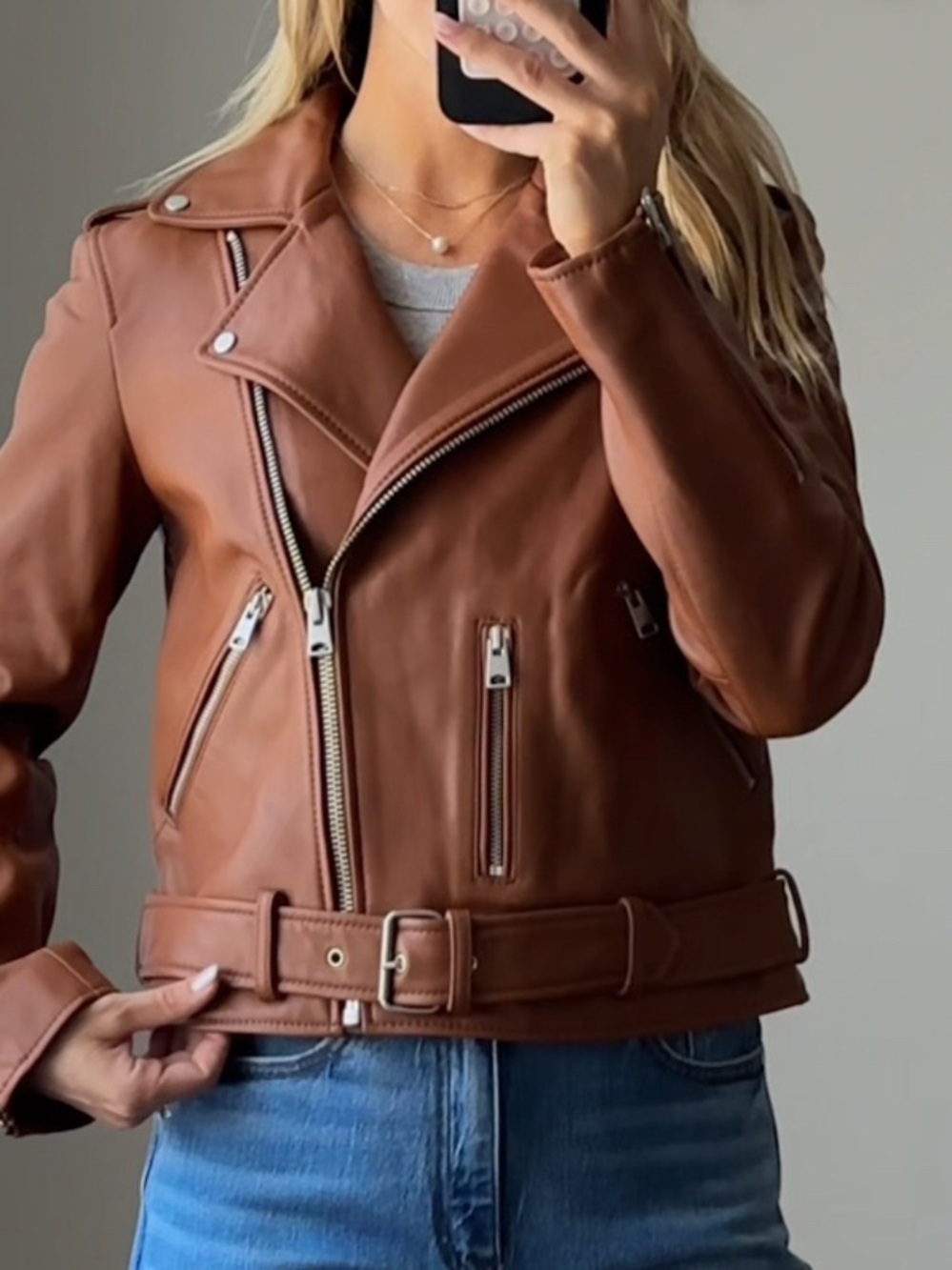 NWOT Quince Chestnut Brown Leather Moto Jacket with Belt